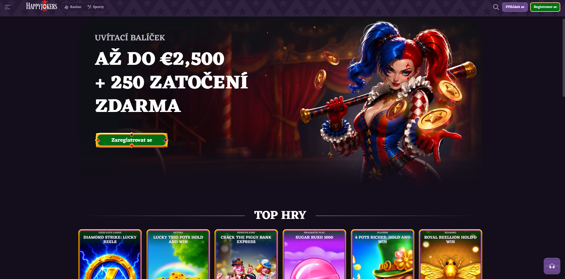 Domovská stránka Happy Jokers Casino s uvítacím bonusem a přehledem top her